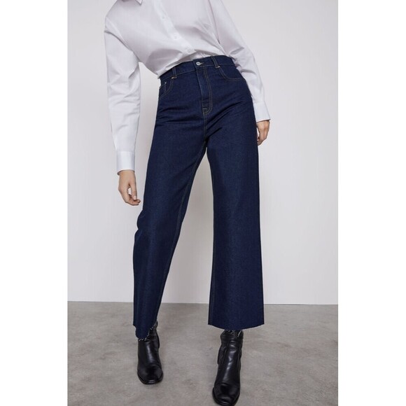 Dark Denim Zara High Rise Wide Leg Raw Hem Jeans (NWT) - Picture 1 of 14